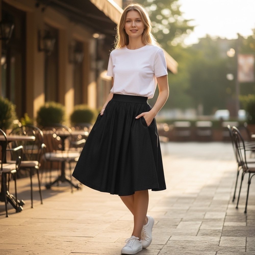 Women's Casual Elastic High Waist Pleated Midi Flare Black Skirt
New